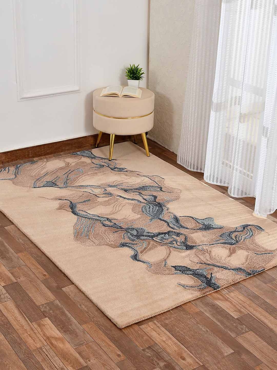 

PRESTO Beige & Blue Abstract Woolen Carpet