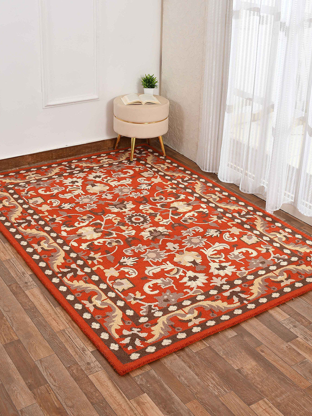 

PRESTO Orange-Colored & Gold-Colored Traditional Woolen Carpet