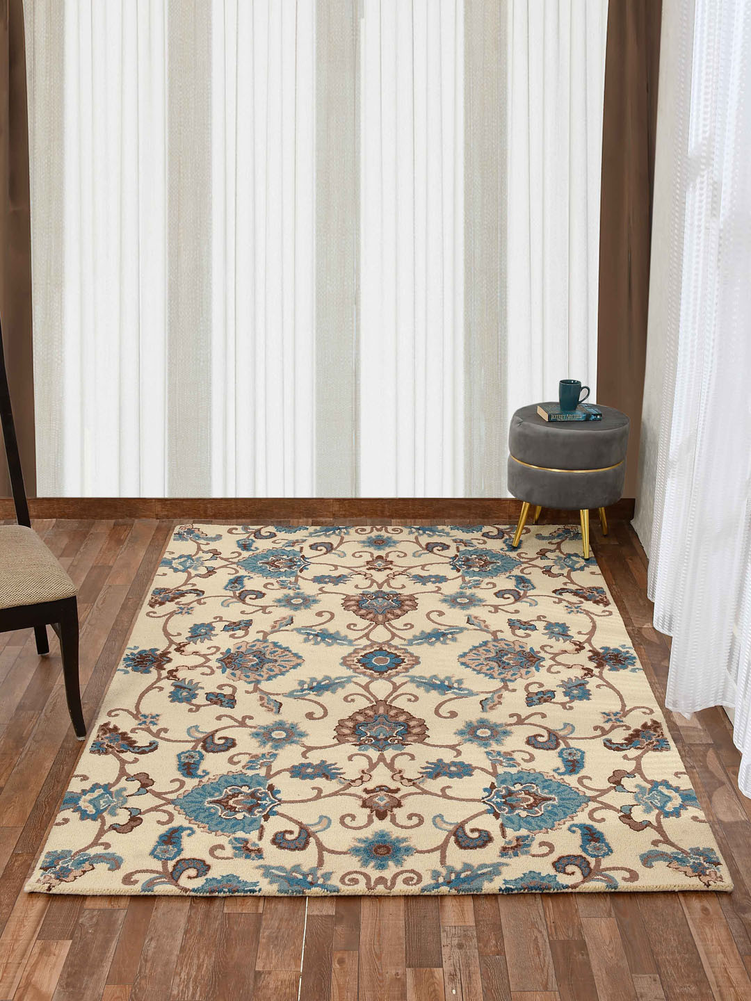 

PRESTO Cream-colored & Blue Traditional Hand Tufted Woolen Carpet