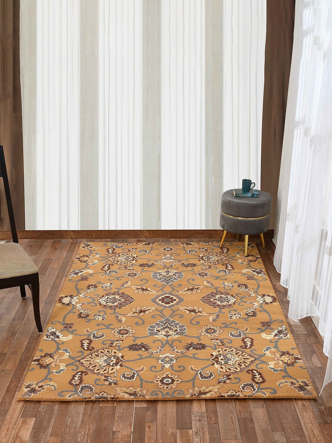 

PRESTO Gold Toned & Brown Traditional Hand-Tufted Woolen Carpet