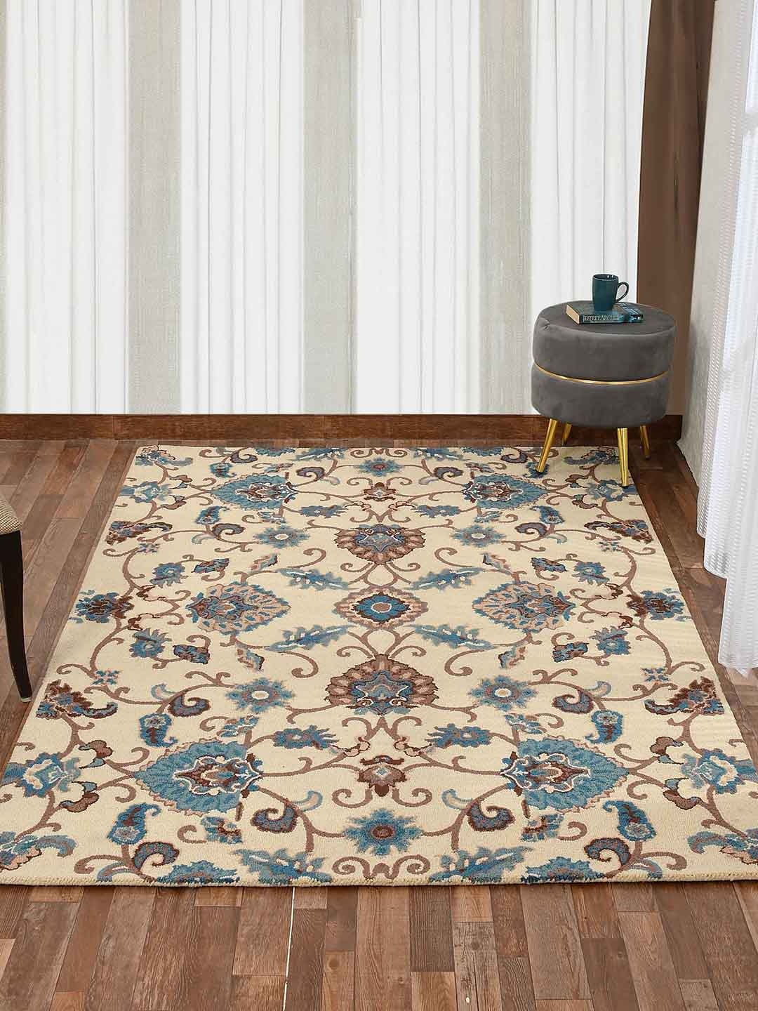 

PRESTO Cream-Colored & Blue Traditional Hand Tufted Woolen Carpet