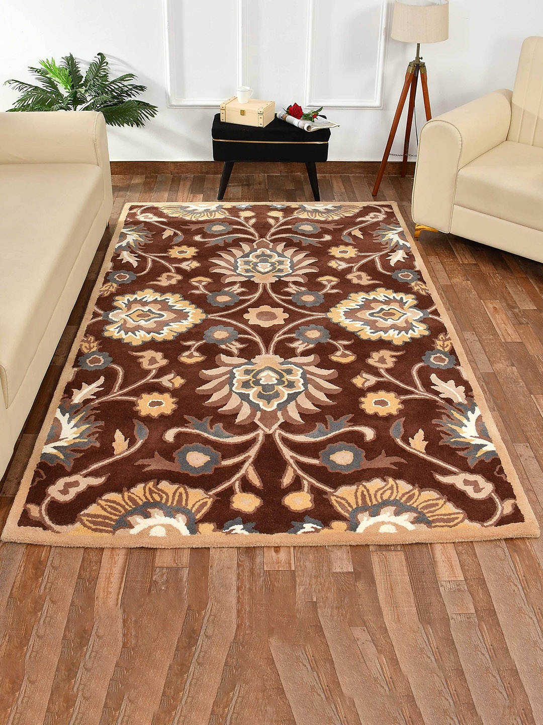 

PRESTO Brown & Gold-Colored Traditional Woolen Carpet
