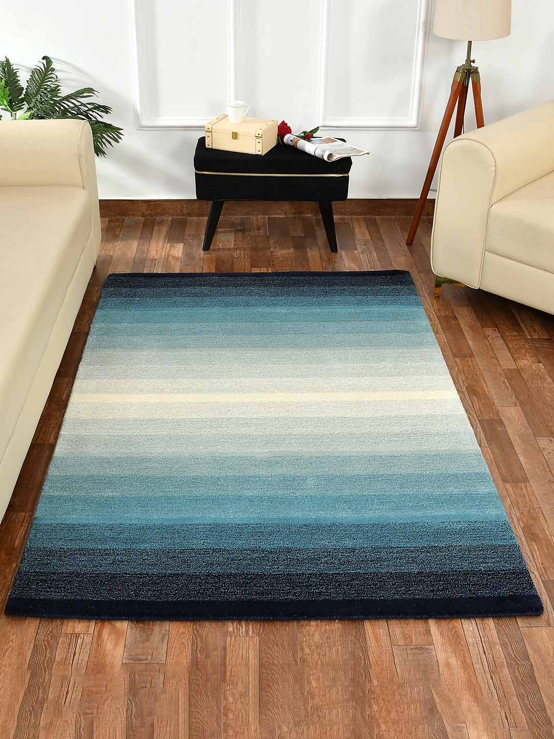 

PRESTO Blue & White Abstract Woolen Carpet