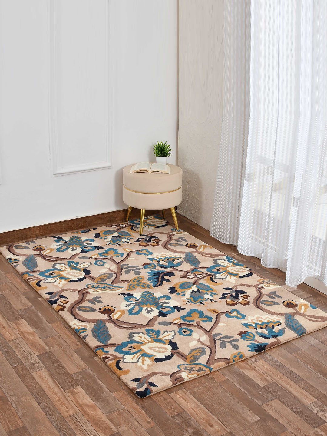 

PRESTO Beige & Blue Floral Hand Tufted Woolen Carpet