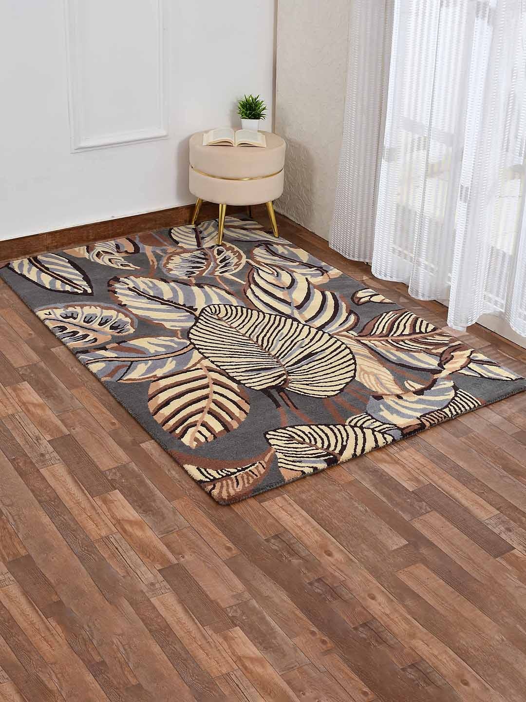 

PRESTO Grey & Beige Floral Woolen Carpet