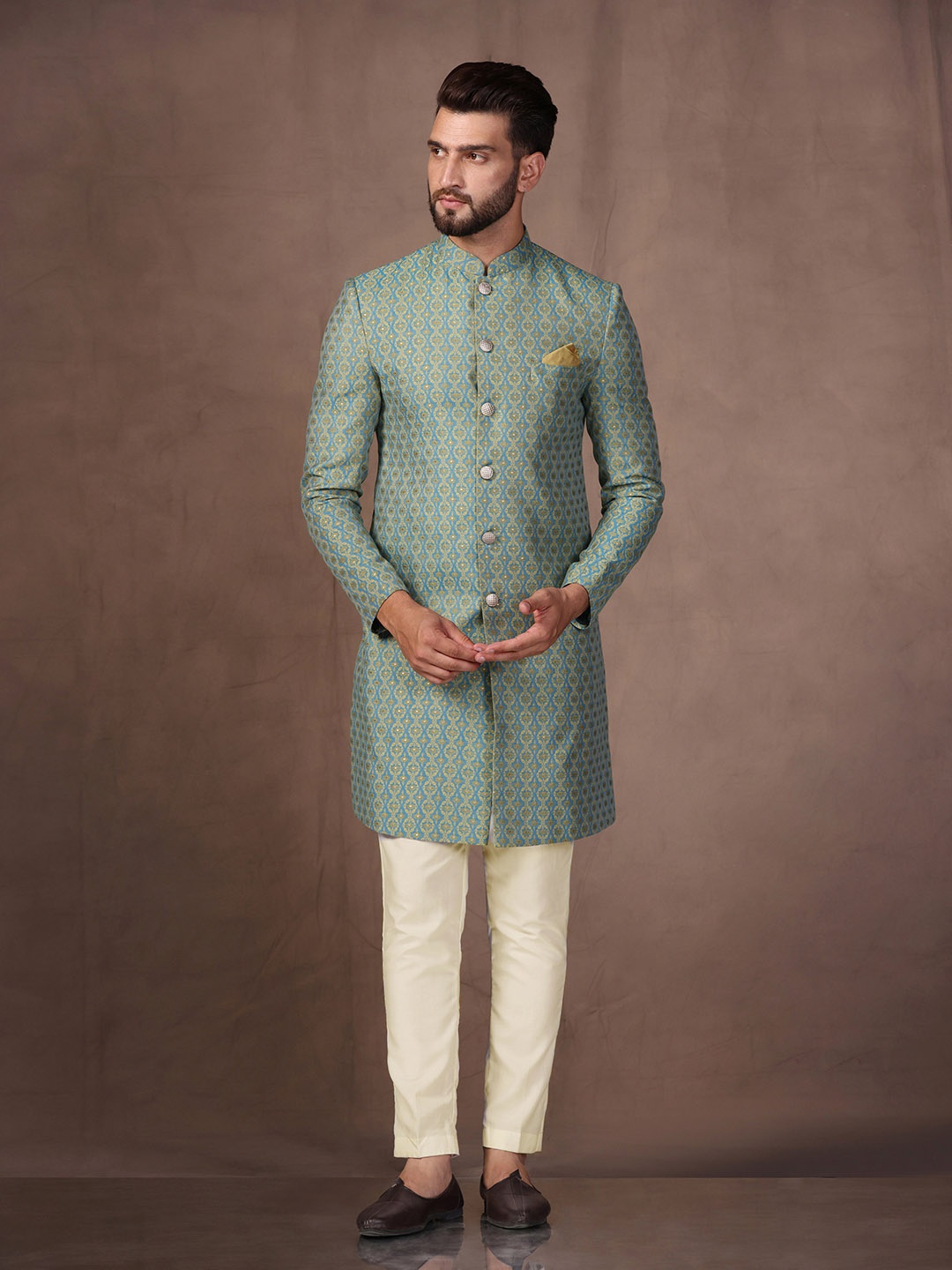 

KISAH Men Ethnic Self Design Cotton Indowestern Sherwani With Trousers, Blue