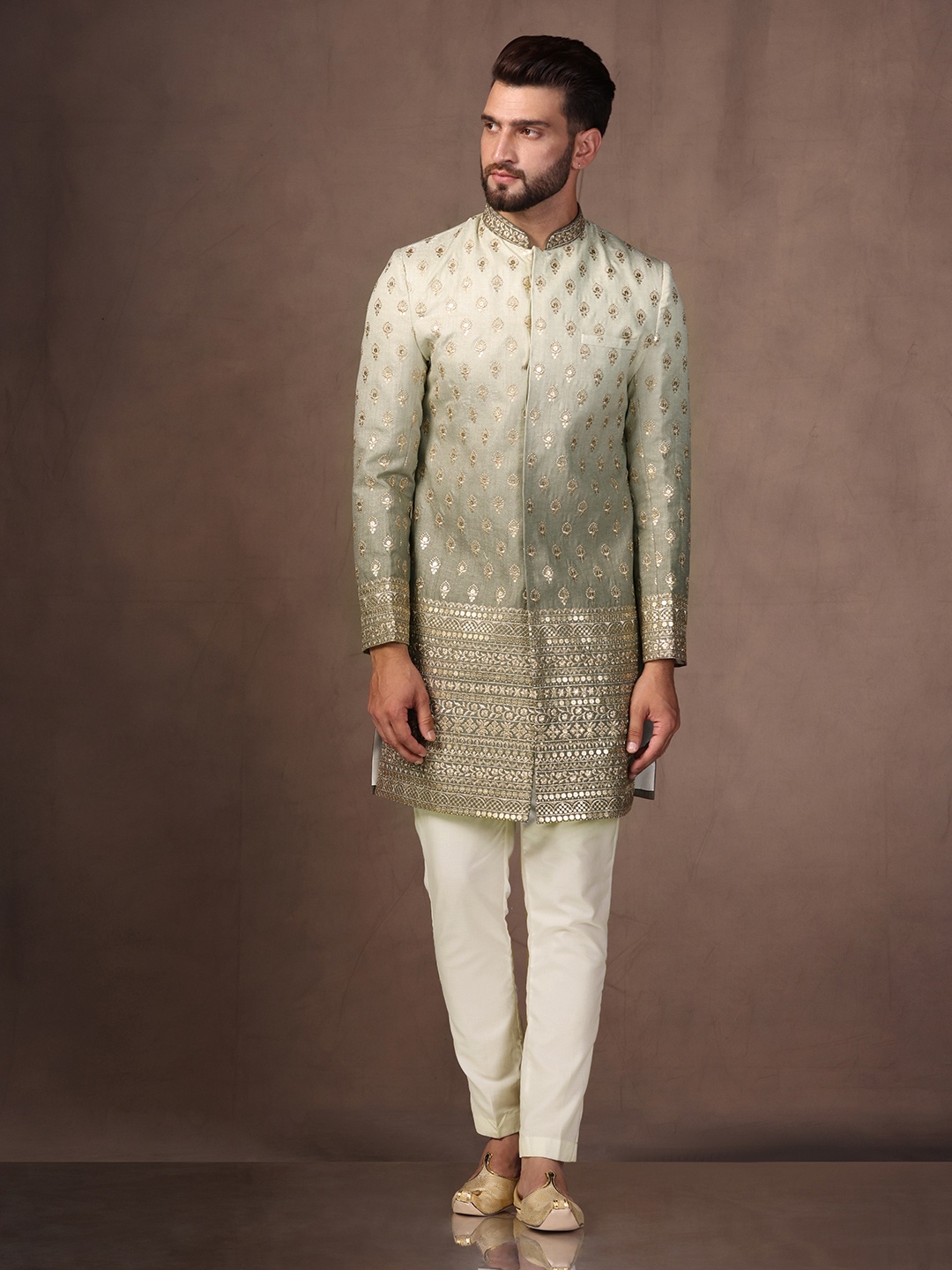 

KISAH Ethnic Printed Sherwani Wth Trousers, Green