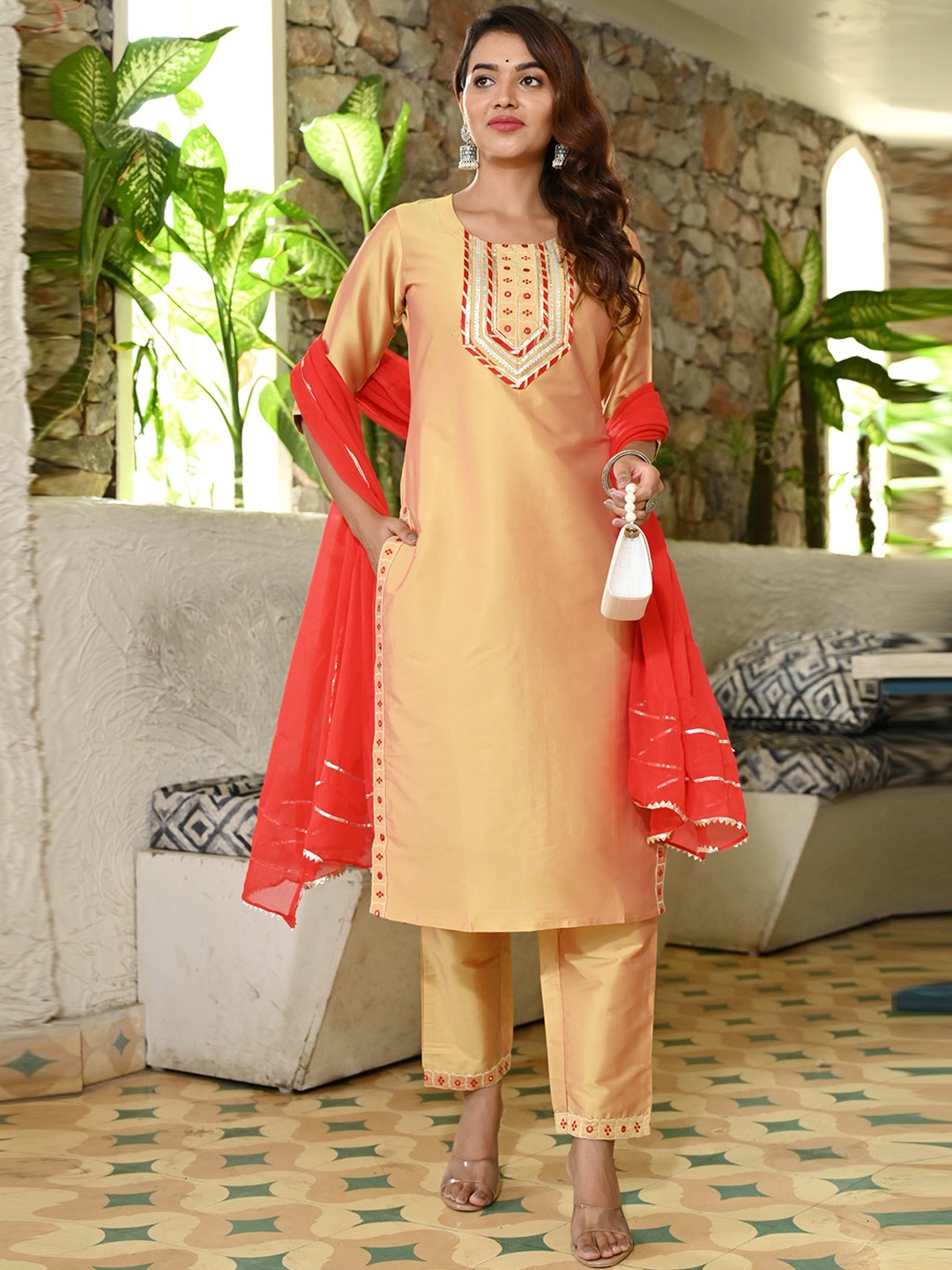 

V TRADITION Ethnic Motifs Yoke Design Gotta Patti Kurta With Trousers & Dupatta, Gold