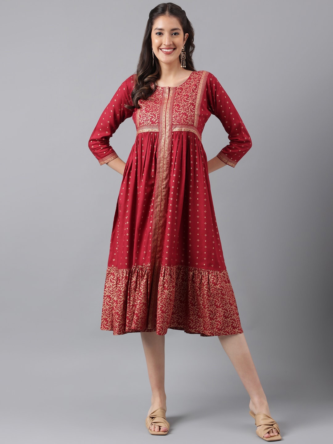 

KALINI Maroon Ethnic Motifs Print A-Line Midi Dress