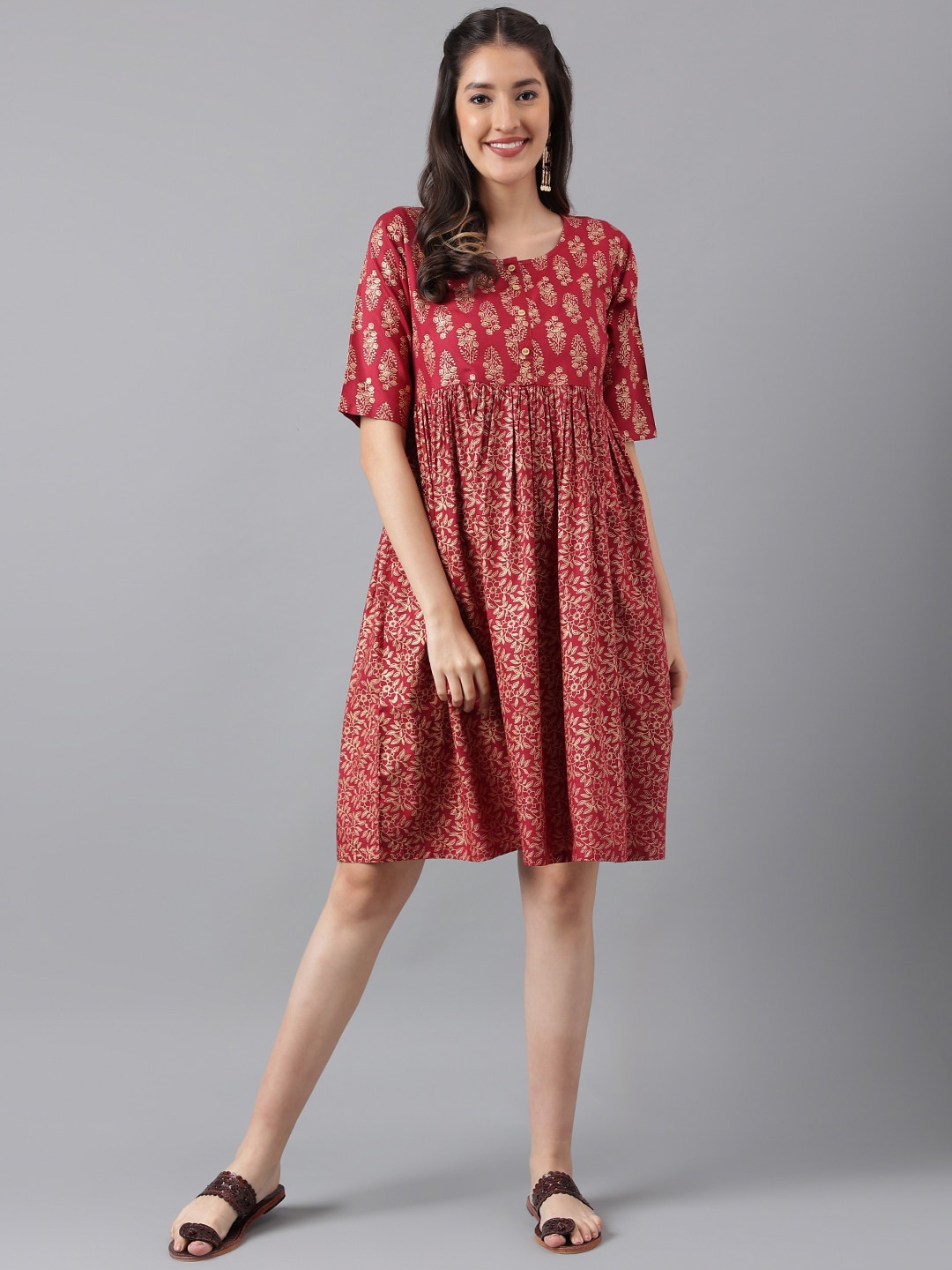 

KALINI Maroon Ethnic Motifs Print A-Line Dress