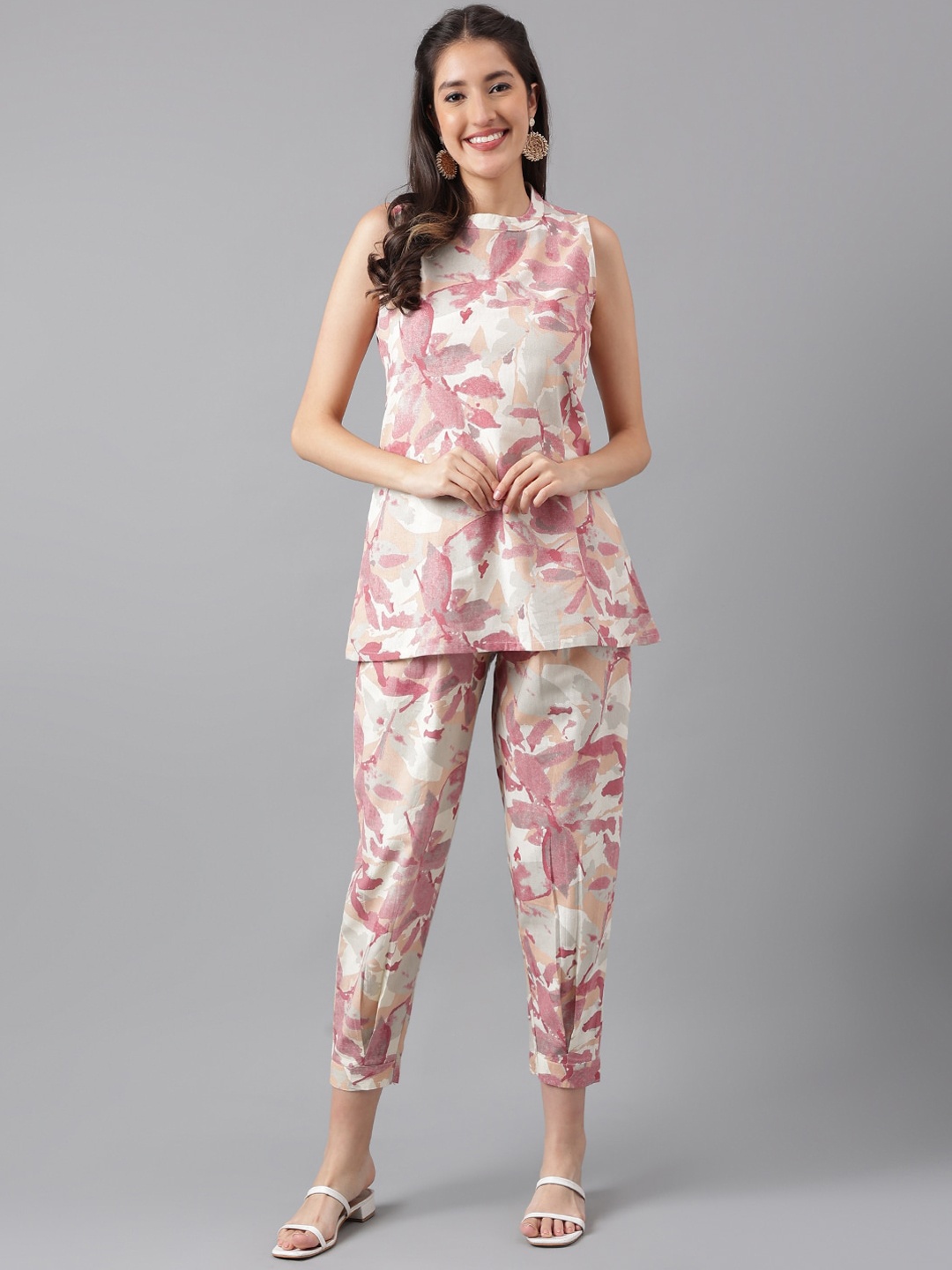 

KALINI Floral Printed Pure Cotton Top With Trousers, Beige