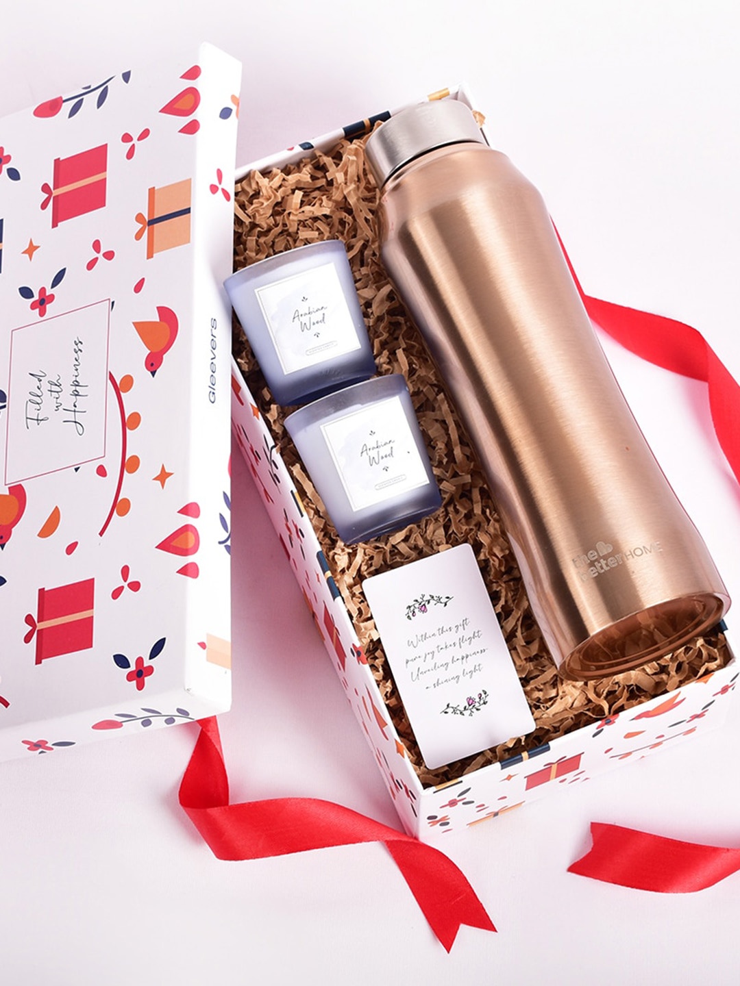 

Gleevers Copper-Toned Stainless Steel Bottle & 2 Small Candles Home Gift Set