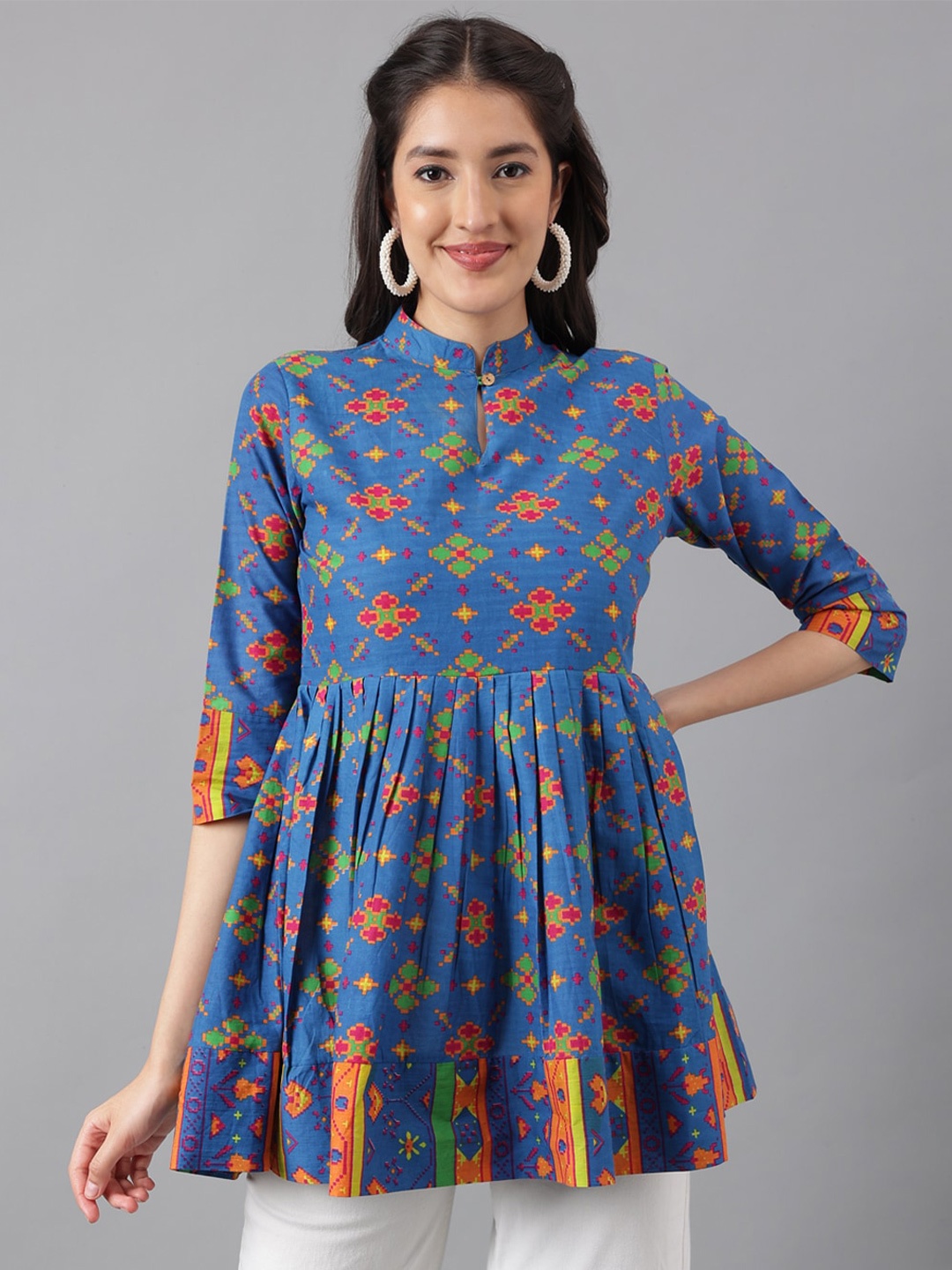 

KALINI Blue Geometric Print Cotton Longline Top