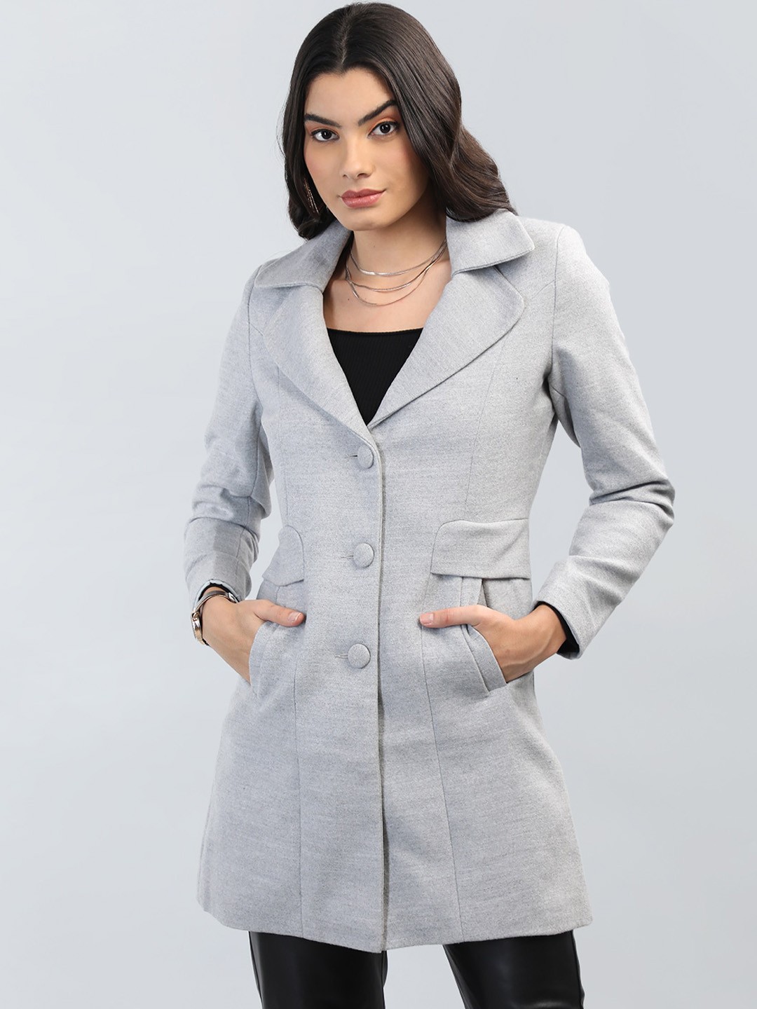 

CHKOKKO Single Breasted Woollen Overcoat, Grey