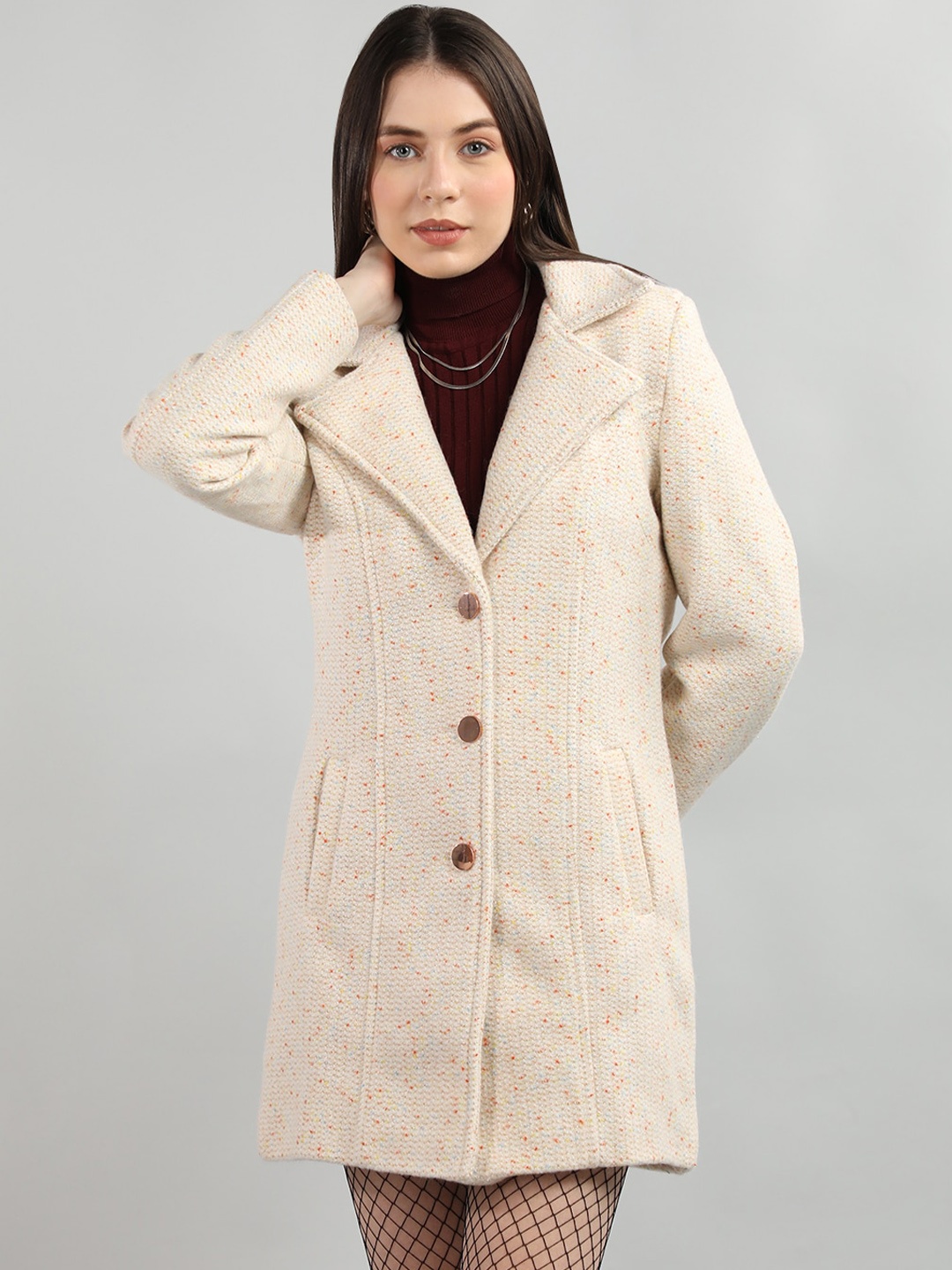 

CHKOKKO Notched Lapel Single-Breasted Woolen Overcoat, White