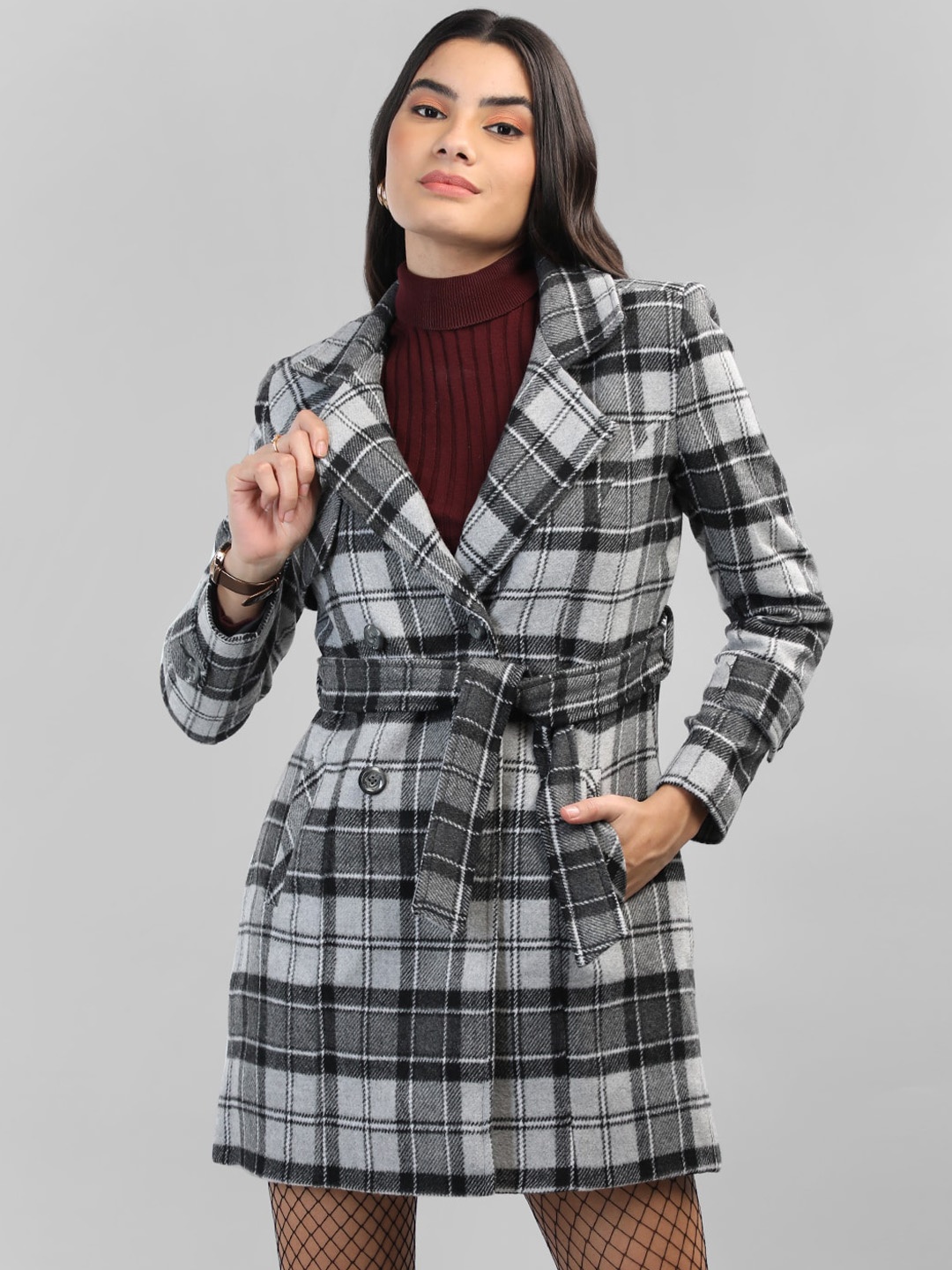 

CHKOKKO Checked Double Breasted Woollen Overcoat, Black
