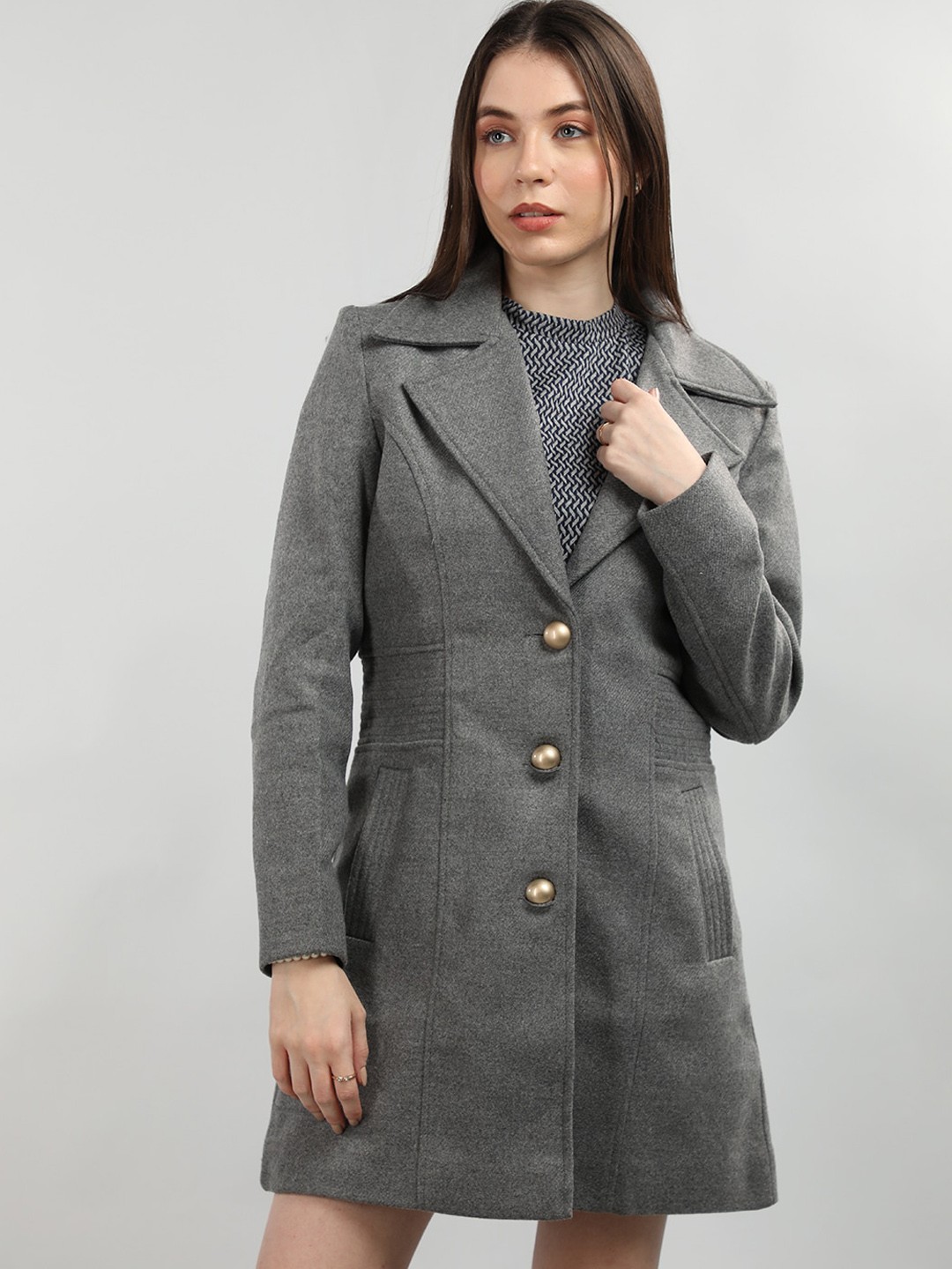 

CHKOKKO Regular Fit Long Sleeves Wool Single-Breasted Overcoat, Grey