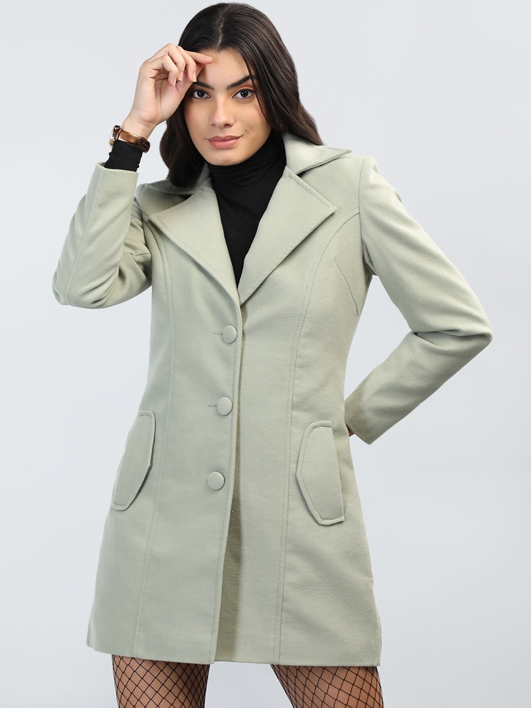 

CHKOKKO Regular Fit Long Sleeves Wool Single-Breasted Overcoat, Green