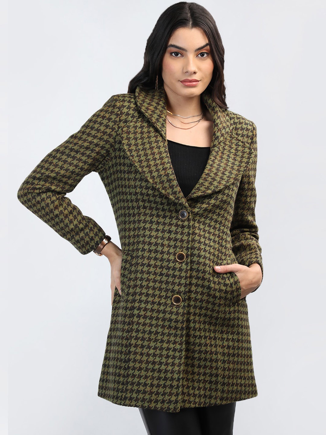 

CHKOKKO Checked Single Breasted Coat, Green