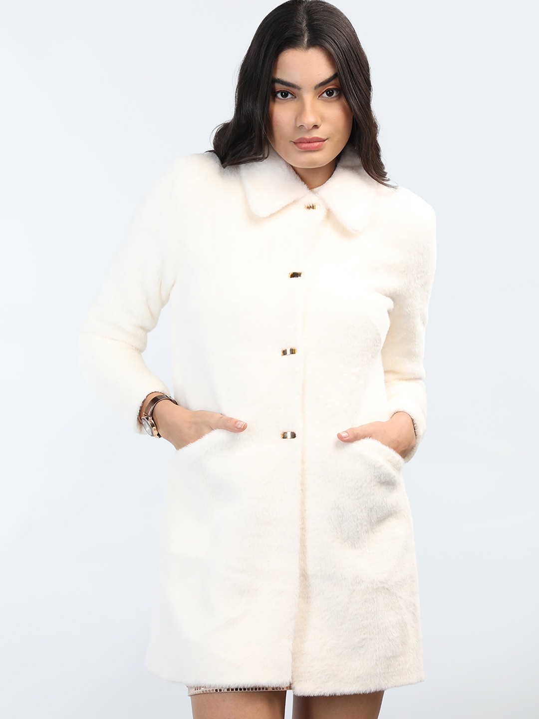 

CHKOKKO Spread Collar Single Breasted Overcoat, White