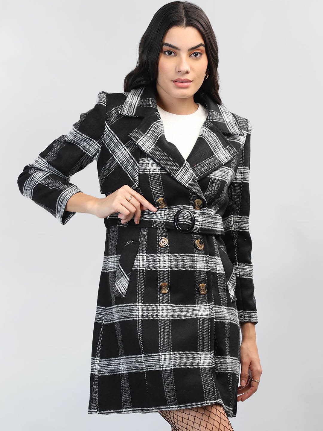 

CHKOKKO Checked Notched Lapel Double Breasted Woolen Coat, Black