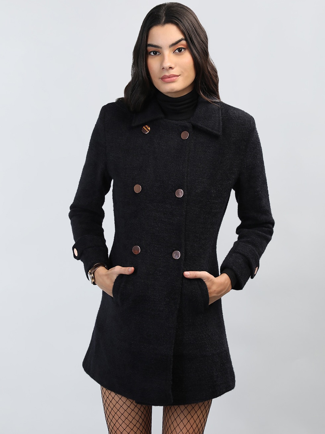 

CHKOKKO Spread Collar Double Breasted Overcoat, Black