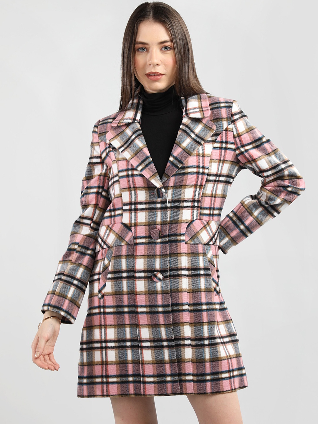 

CHKOKKO Checked Single Breasted Overcoat, Pink