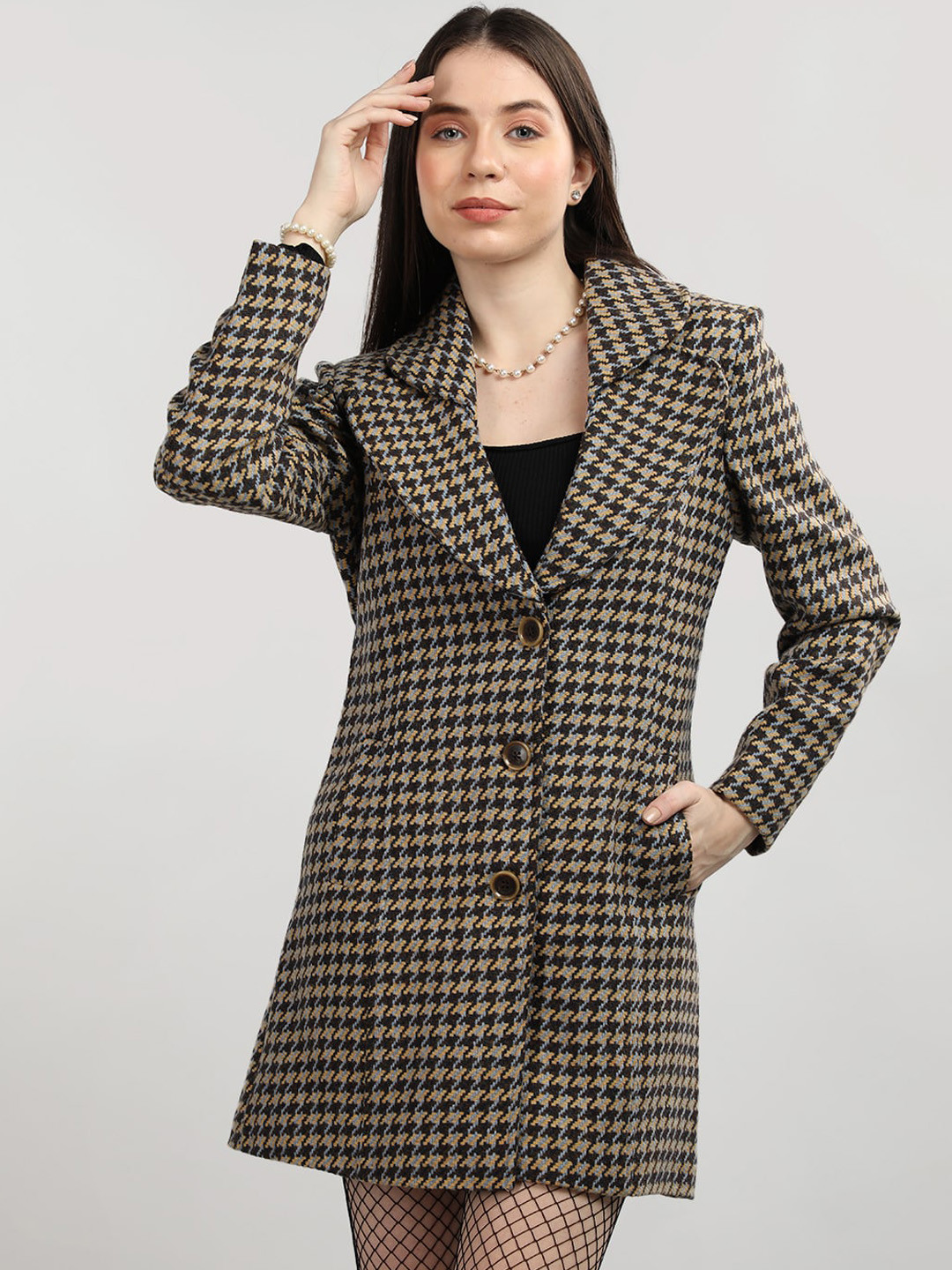 

CHKOKKO Regular Fit Checked Long Sleeves Wool Single-Breasted Overcoat, Brown