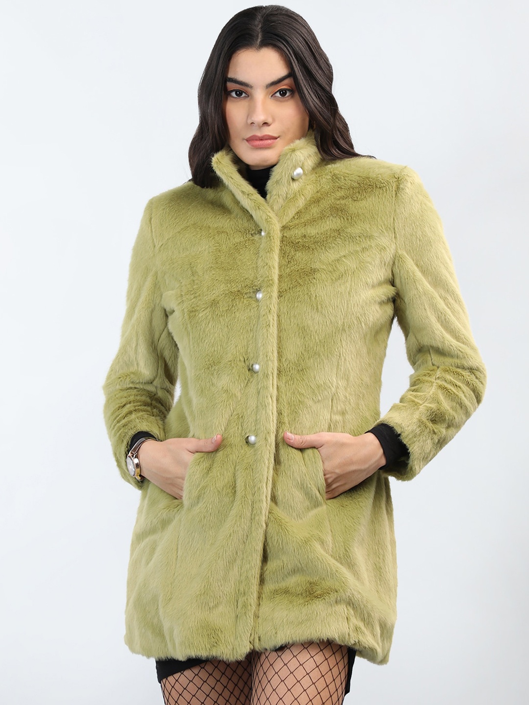 

CHKOKKO Stand Collar Single Breasted Overcoat, Green
