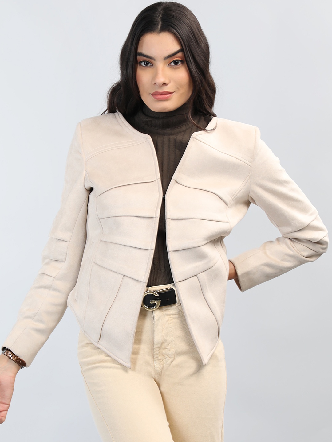 

CHKOKKO Front Open Woollen Crop Overcoat, Beige
