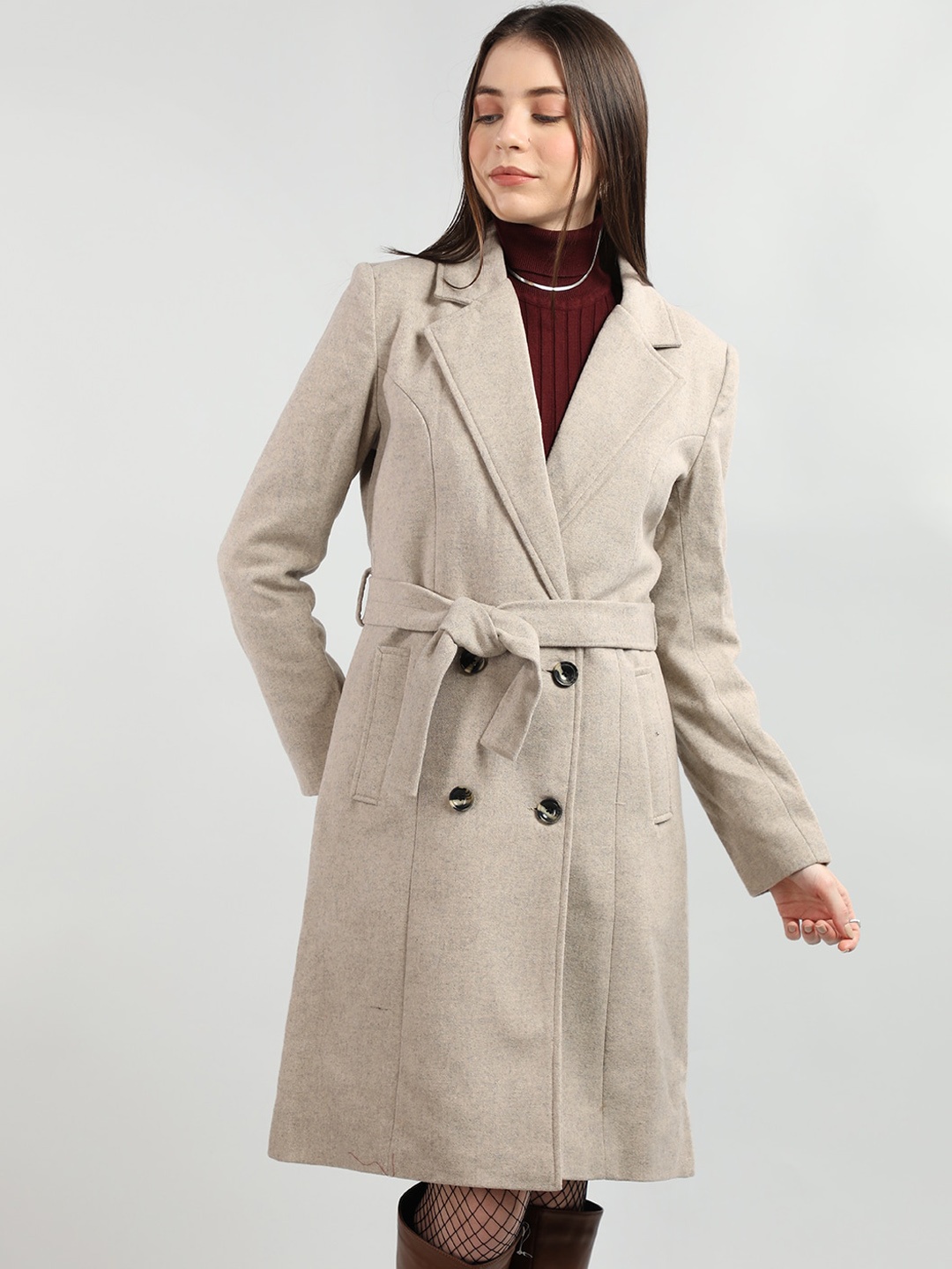 

CHKOKKO Wool Double-Breasted Overcoat, Beige