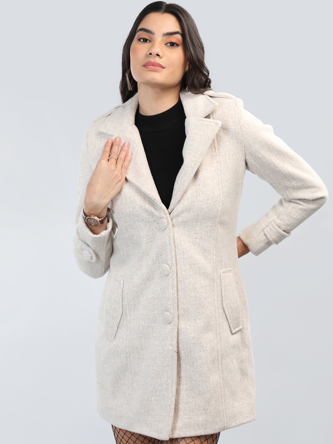 

CHKOKKO Regular Fit Self Design Long Sleeves Wool Single-Breasted Overcoat, Beige