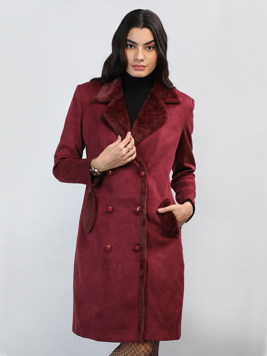 

CHKOKKO Double Breasted Notched Lapel Woollen Overcoat, Maroon