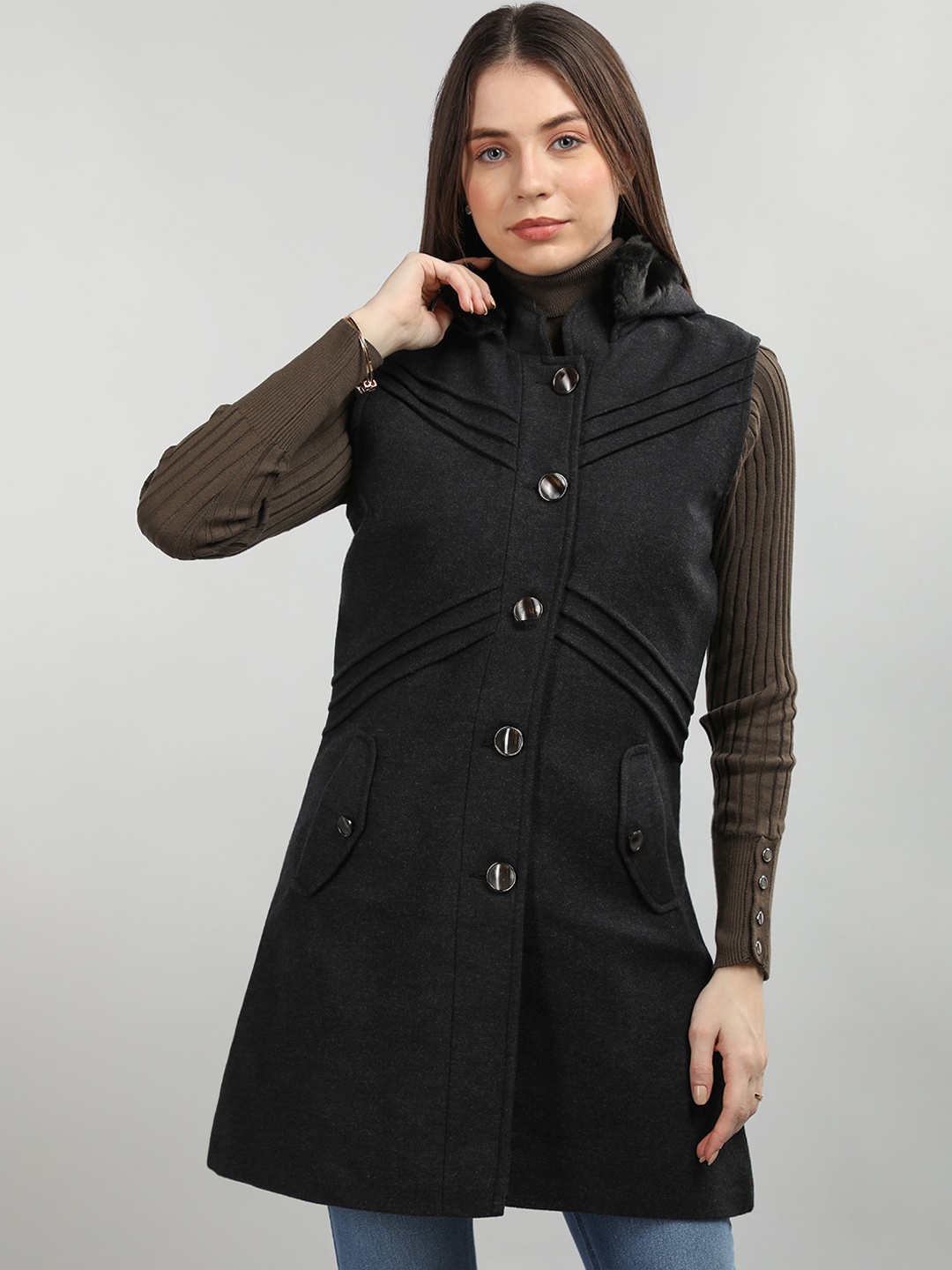 

CHKOKKO Hooded Sleeveless Wool Single-Breasted Overcoat, Charcoal