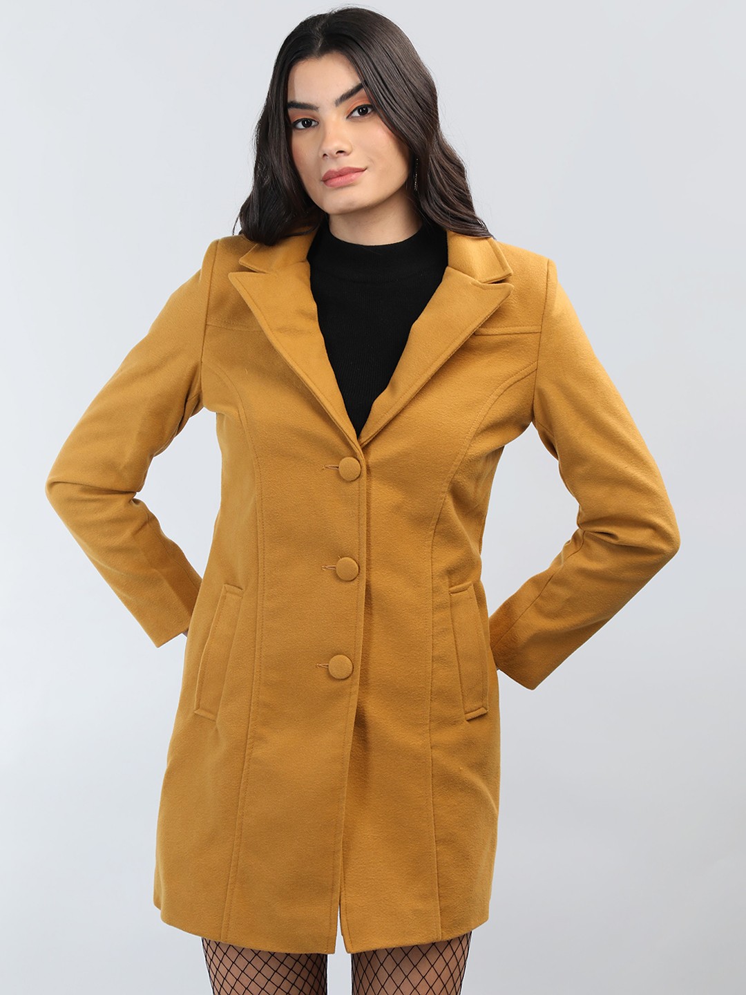 

CHKOKKO Notched Lapel Collar Woollen Overcoat, Mustard