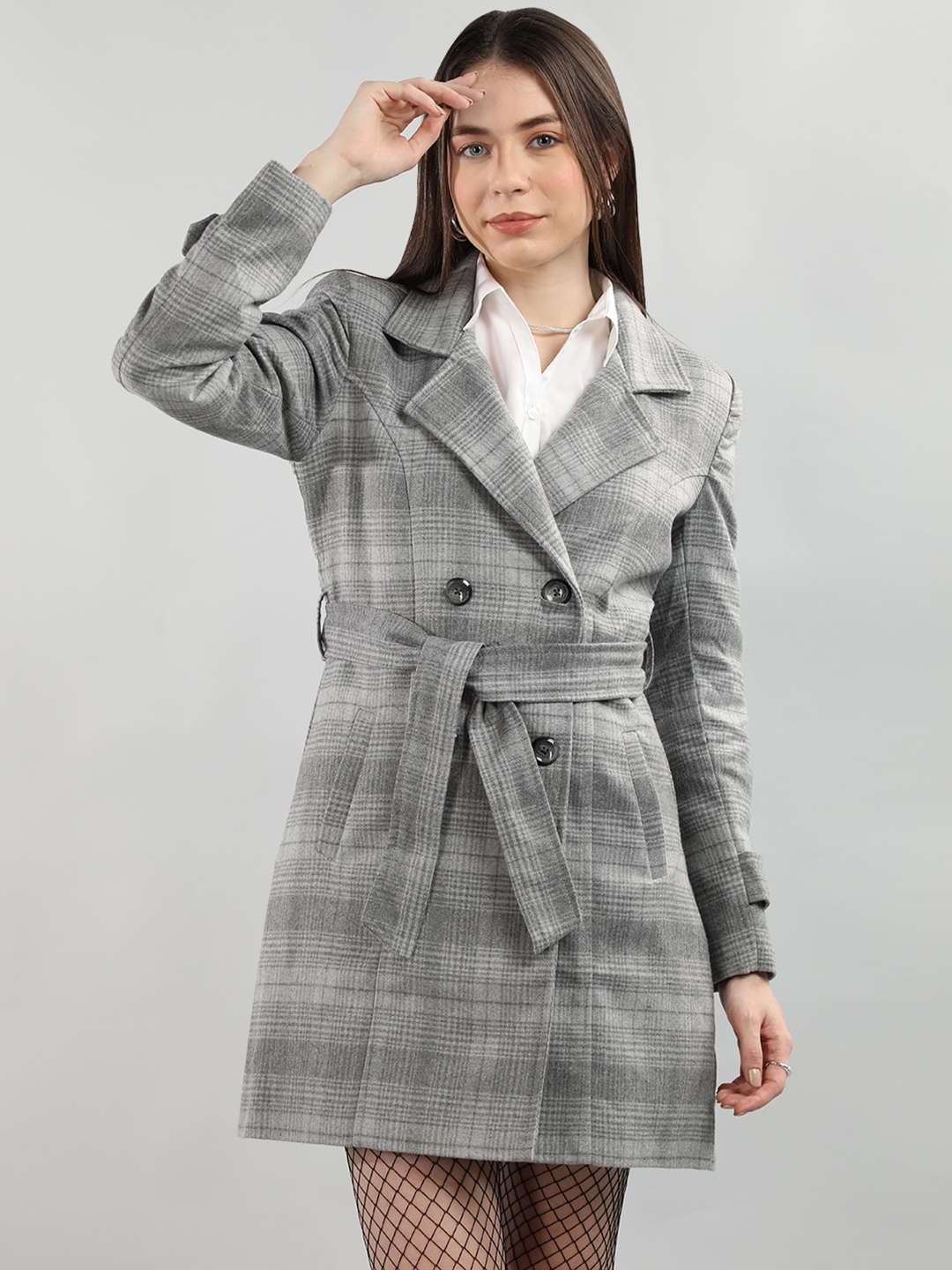 

CHKOKKO Checked Wool Double Breasted Coat, Grey