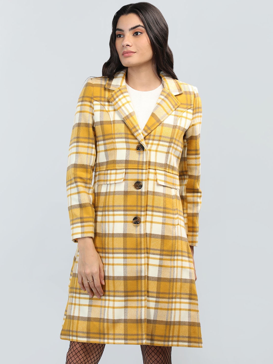 

CHKOKKO Checked Single Breasted Coat, Mustard