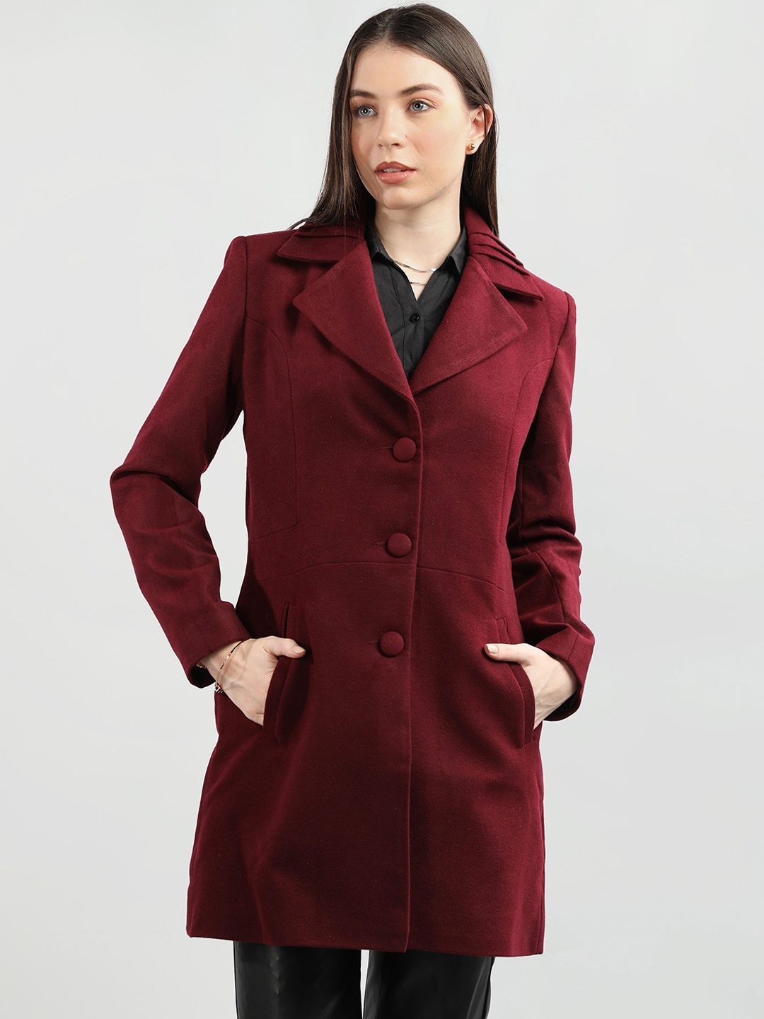 

CHKOKKO Regular Fit Notched Lapel Long Sleeves Wool Single-Breasted Overcoat, Maroon
