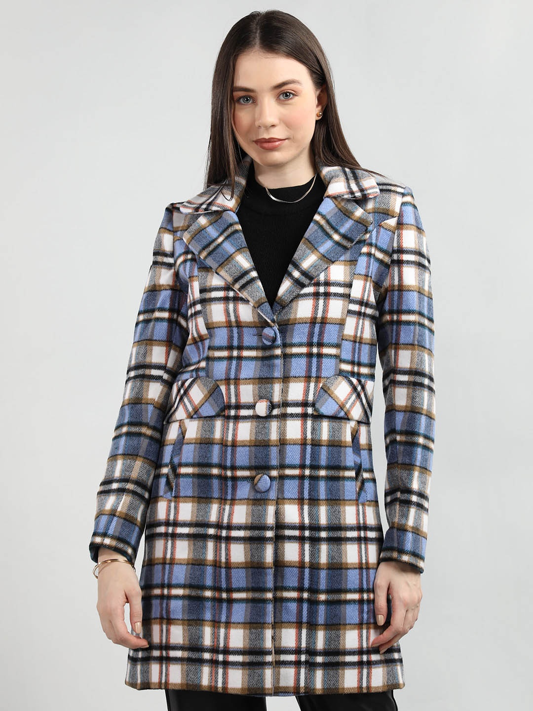 

CHKOKKO Checked Notched Lapel Woollen Overcoat, Blue