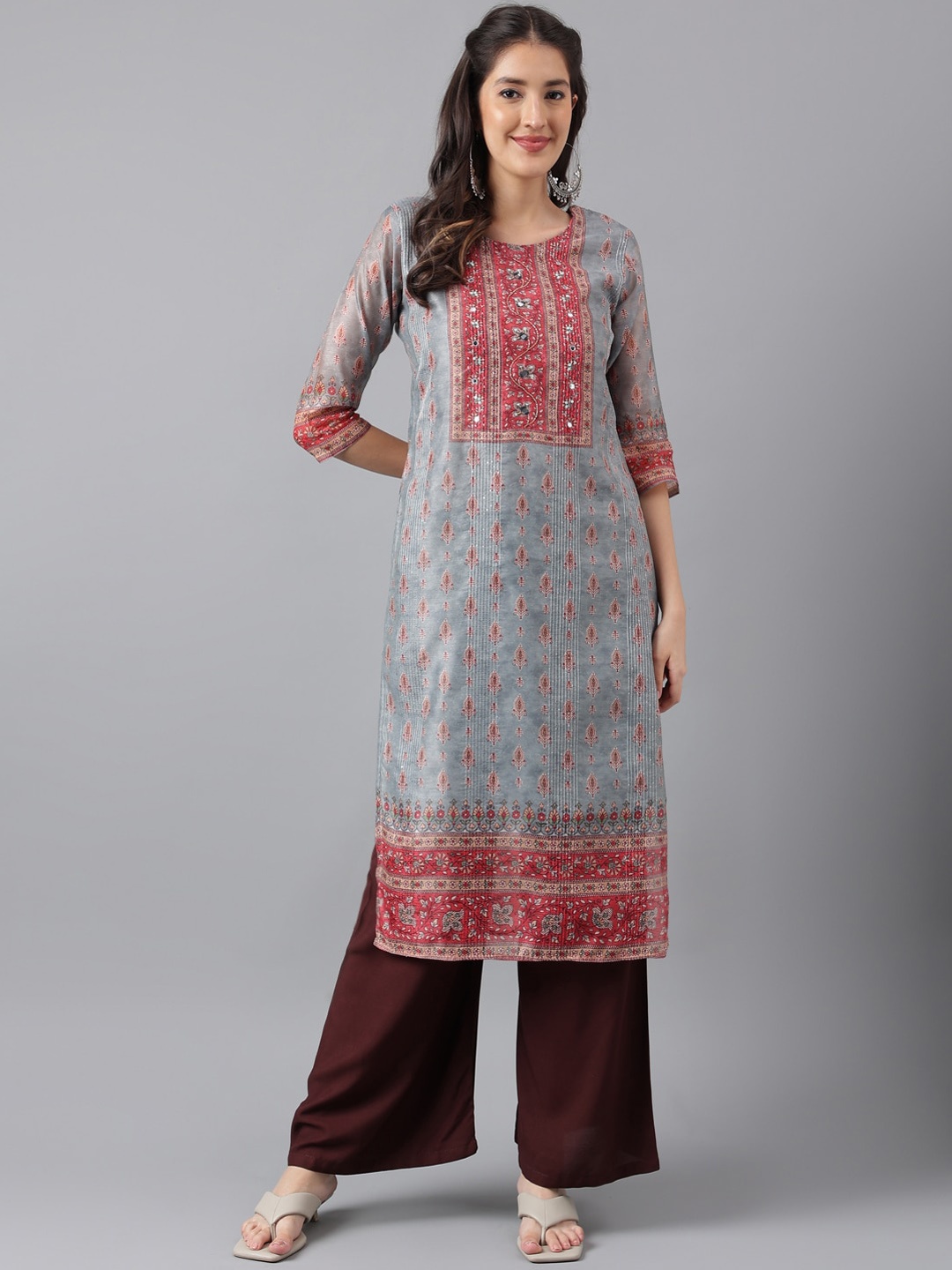 

KALINI Ethnic Motifs Printed Round Neck Mirror Work Straight Kurta, Grey