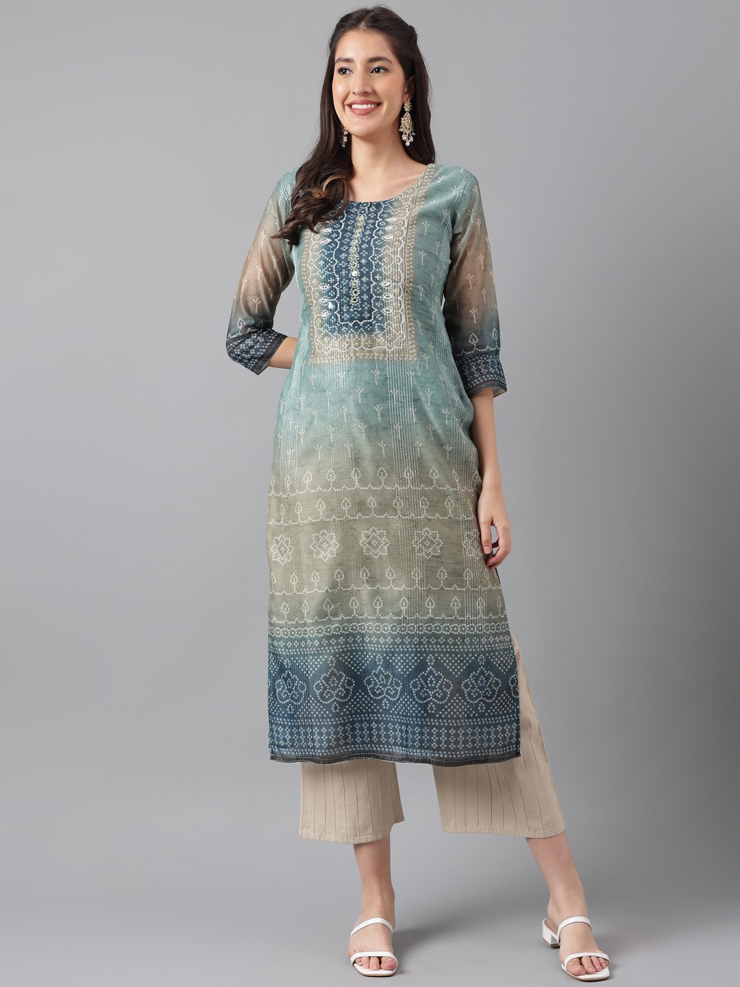 

KALINI Bandhani Printed Round Neck Mirror Work Straight Kurta, Blue