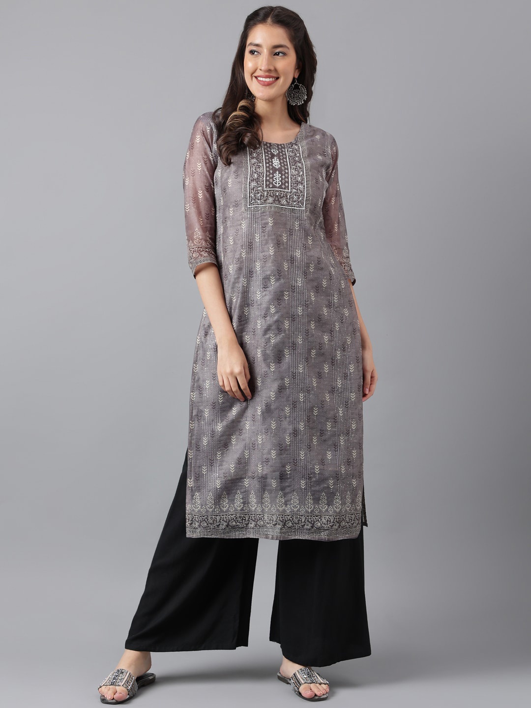 

KALINI Ethnic Motifs Printed Round Neck Sequinned Straight Kurta, Grey