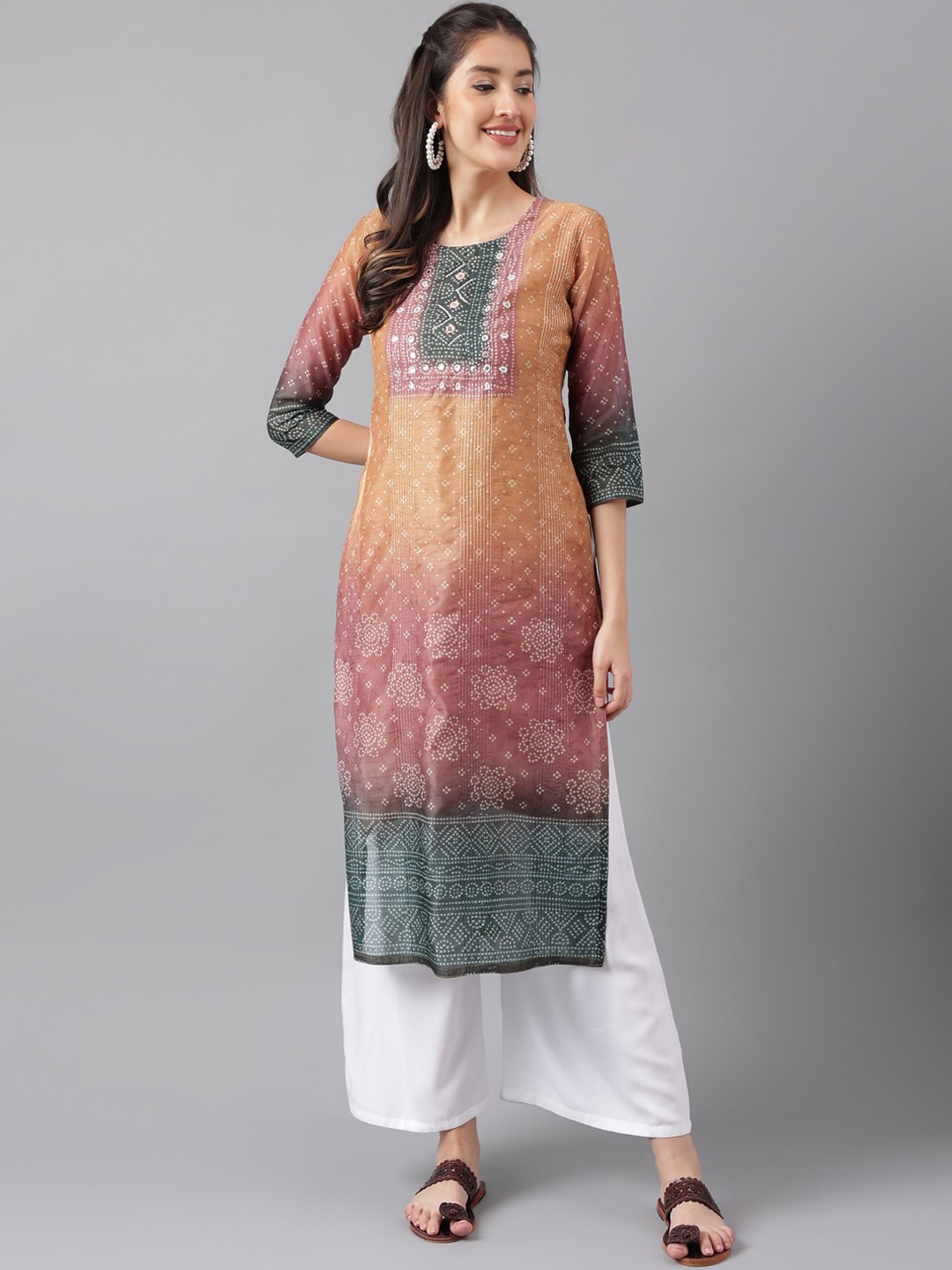 

KALINI Bandhani Printed Round Neck Mirror Work Straight Kurta, Orange