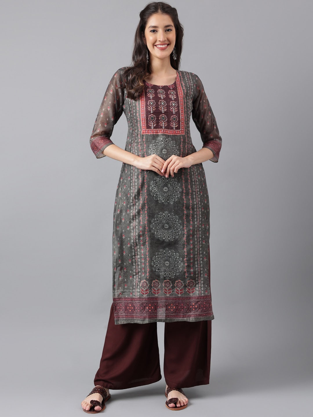 

KALINI Ethnic Motifs Printed Sequinned Straight Kurta, Olive