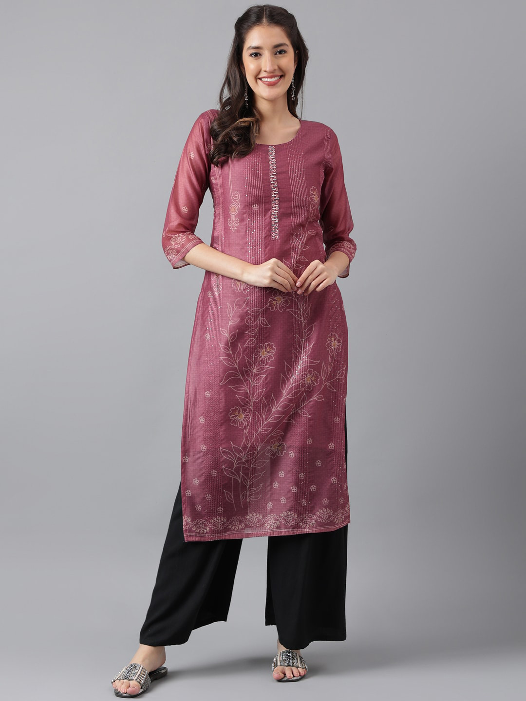 

KALINI Floral Printed Sequinned Straight Kurta, Maroon