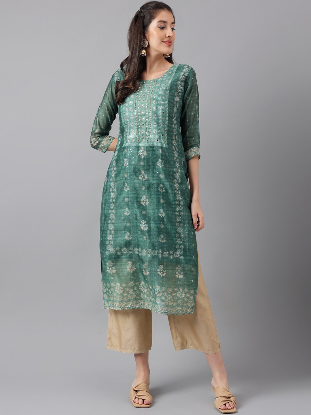 

KALINI Floral Printed Mirror Work Straight Kurta, Sea green