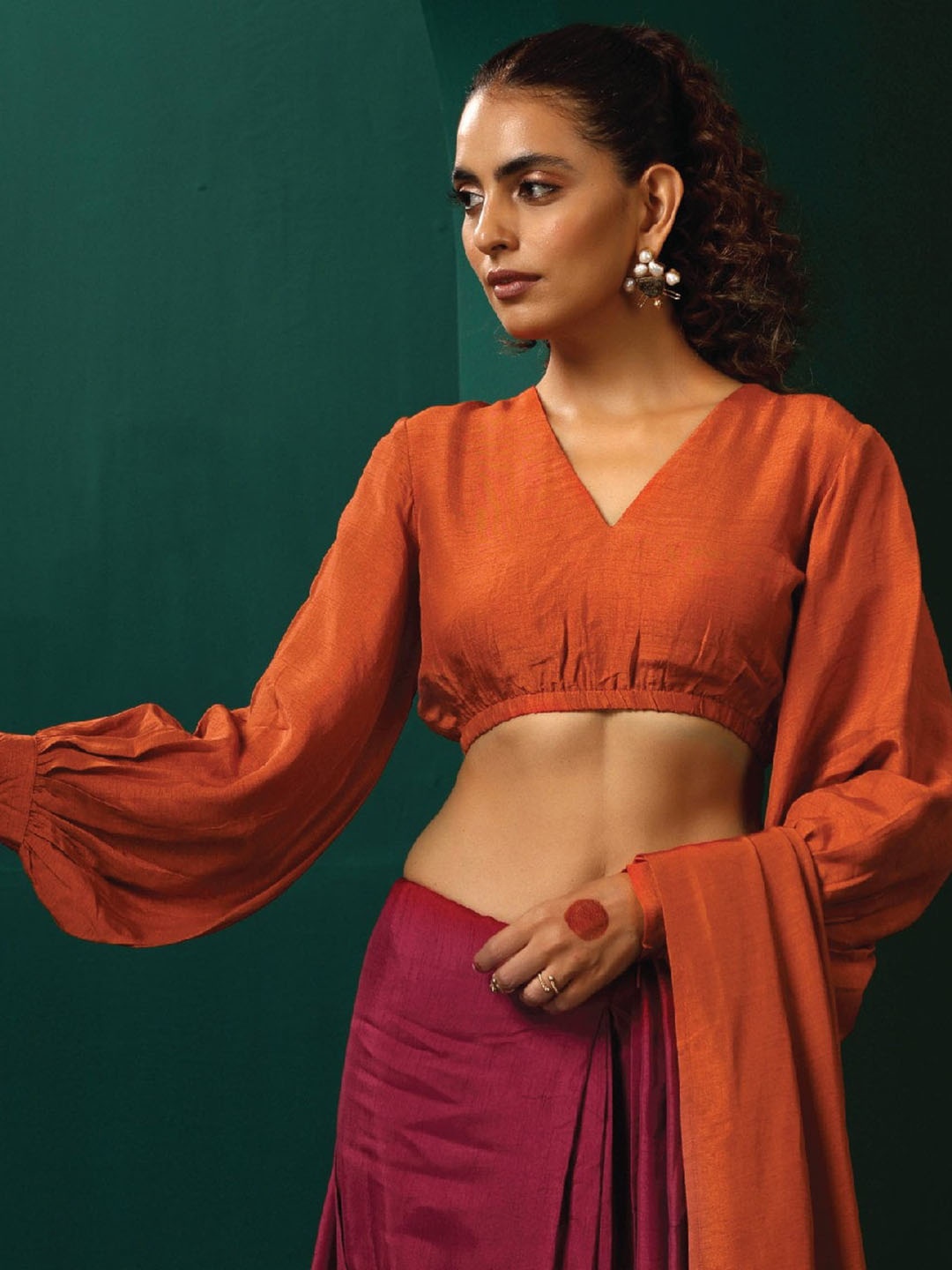 

trueBrowns V-Neck Gathered Sleeve Saree Blouse, Rust