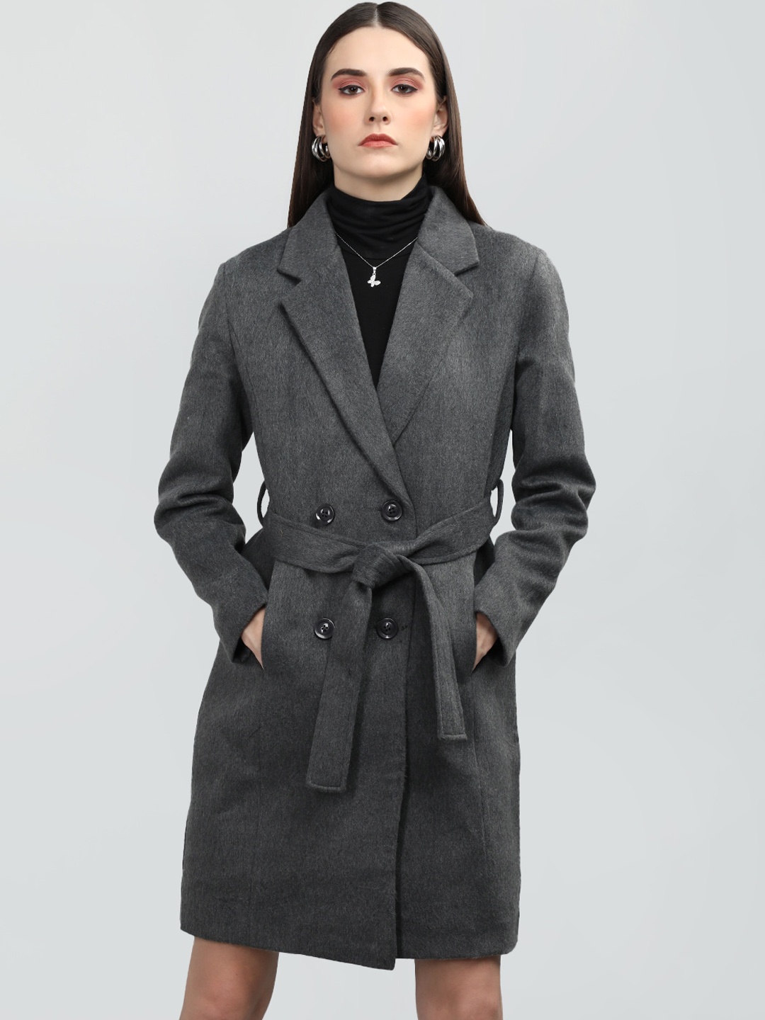 

Dlanxa Notched Lapel Collar Single-Breasted Woolen Wrap Coat, Grey