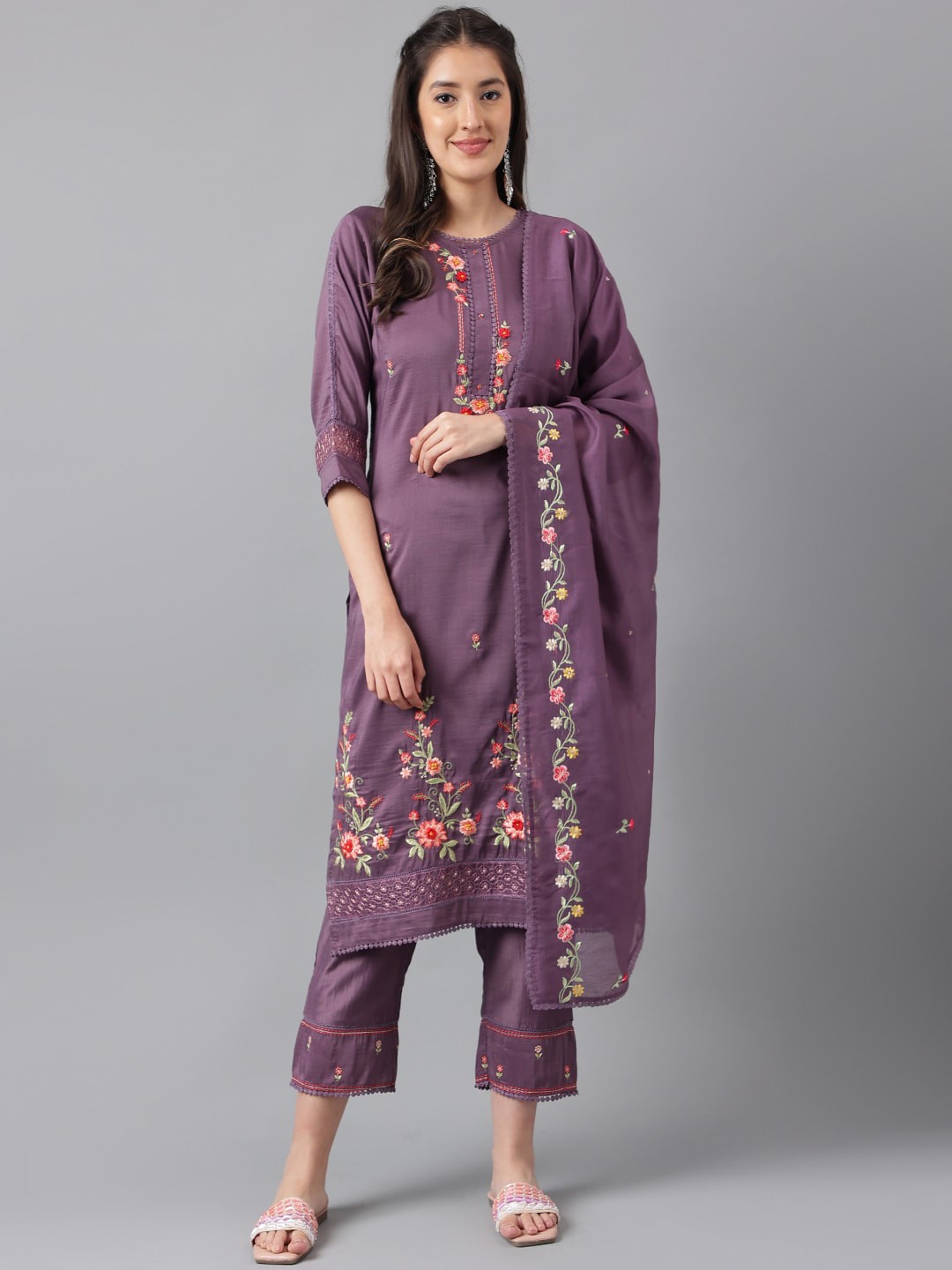 

KALINI Women Purple Floral Embroidered Regular Thread Work Kurta with Trousers & With Dupatta