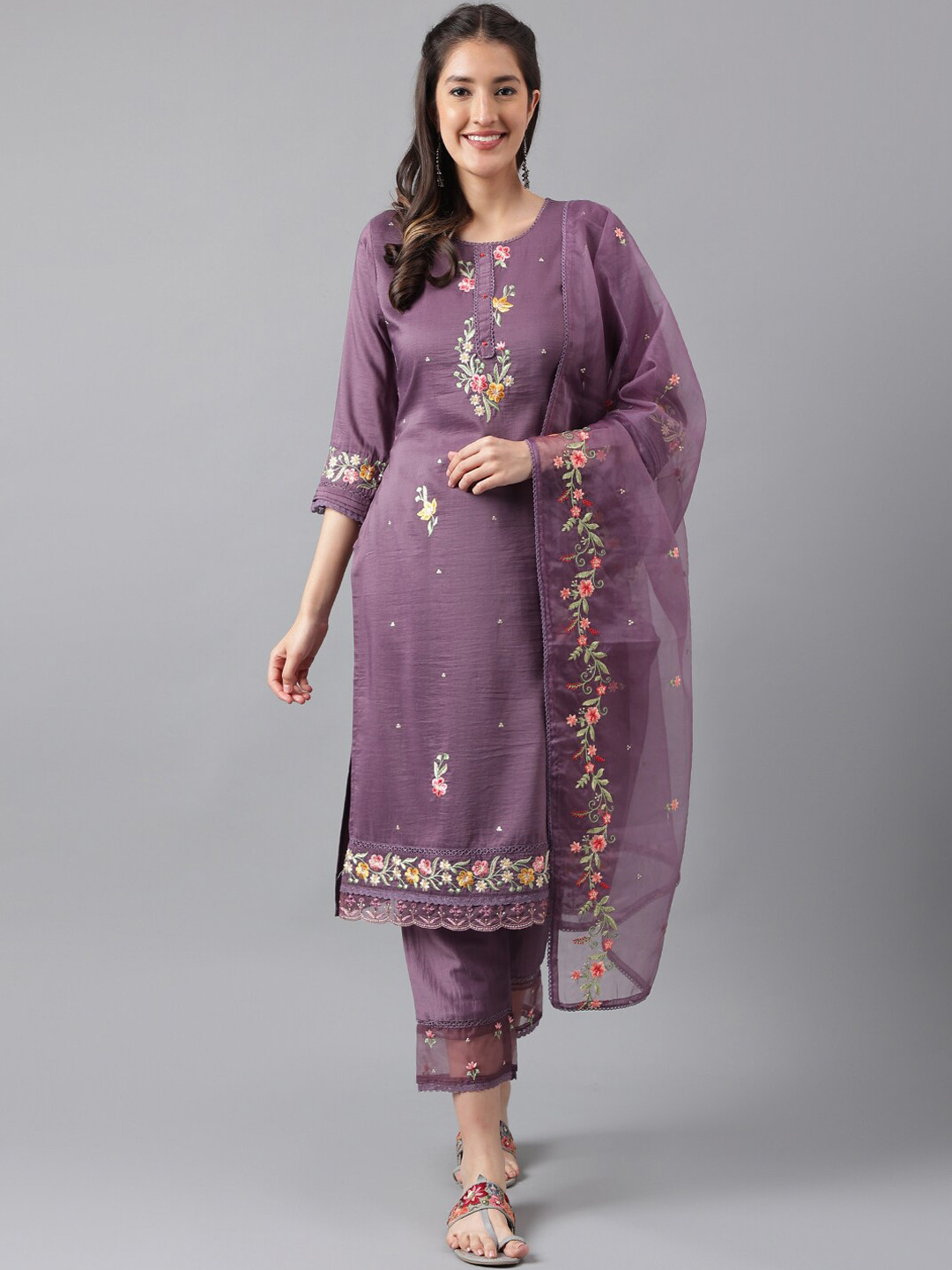

KALINI Floral Embroidered Regular Thread Work Kurta With Trousers & Dupatta, Purple